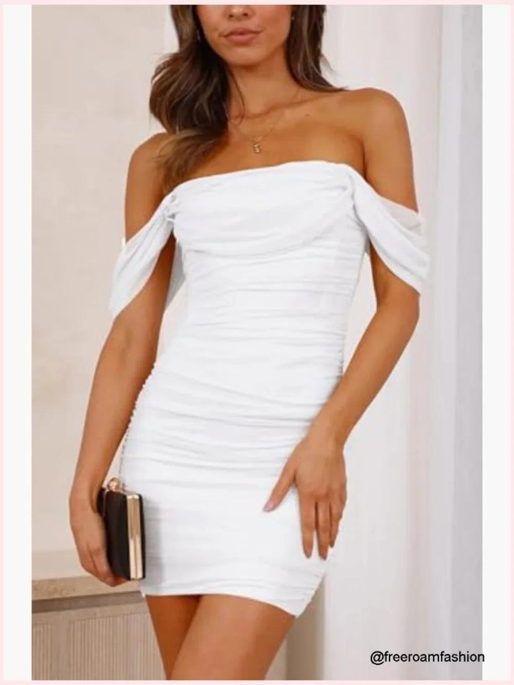 Off Shoulder Bodycon Mini Dress Ruched Cocktail Party Wedding Guest - Picture 5 of 7